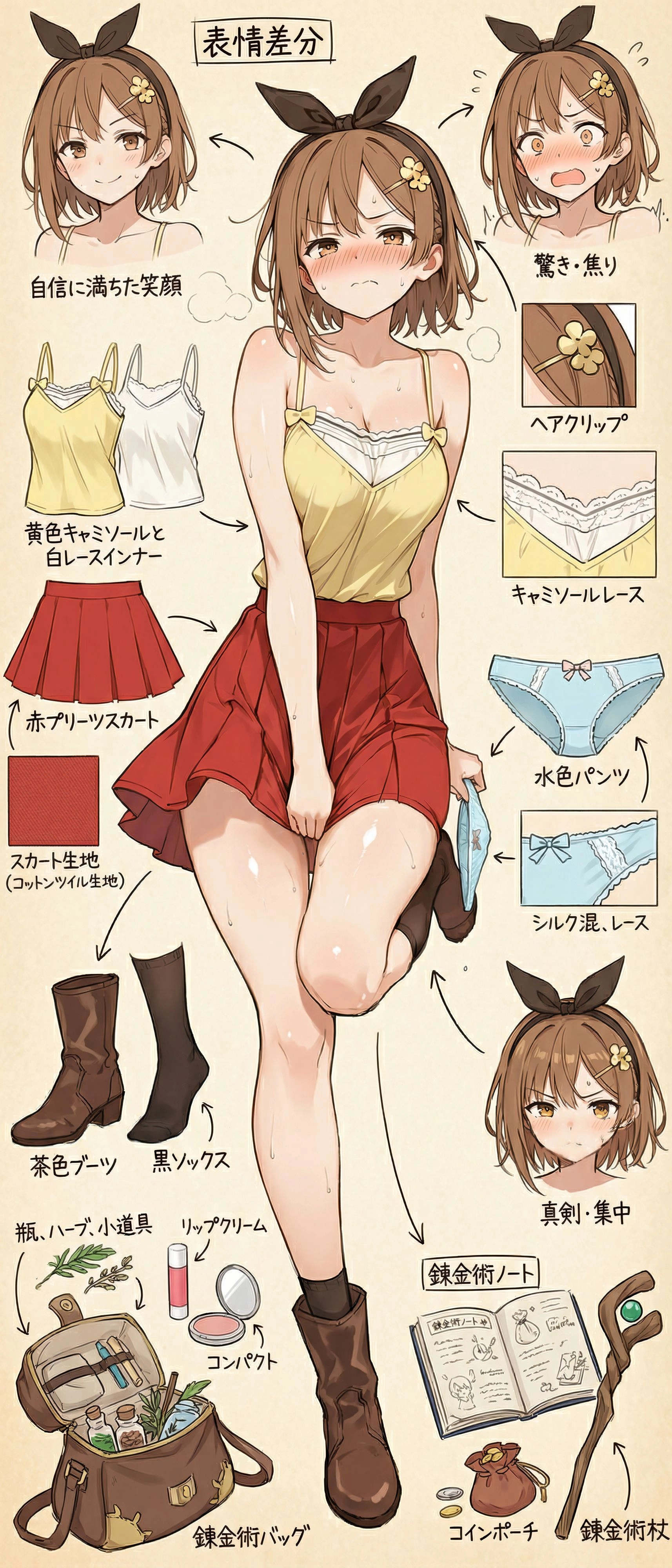 一位穿着一件黄色衬衫和一件红色裙子的女人站在图表面前,显示了不同类型的内衣。