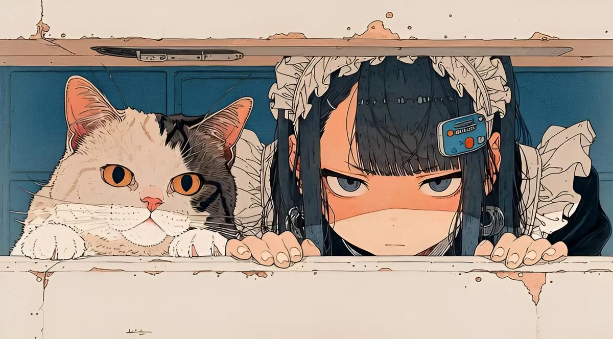 头上有一只黑色班达娜的女孩从门后面望出来。