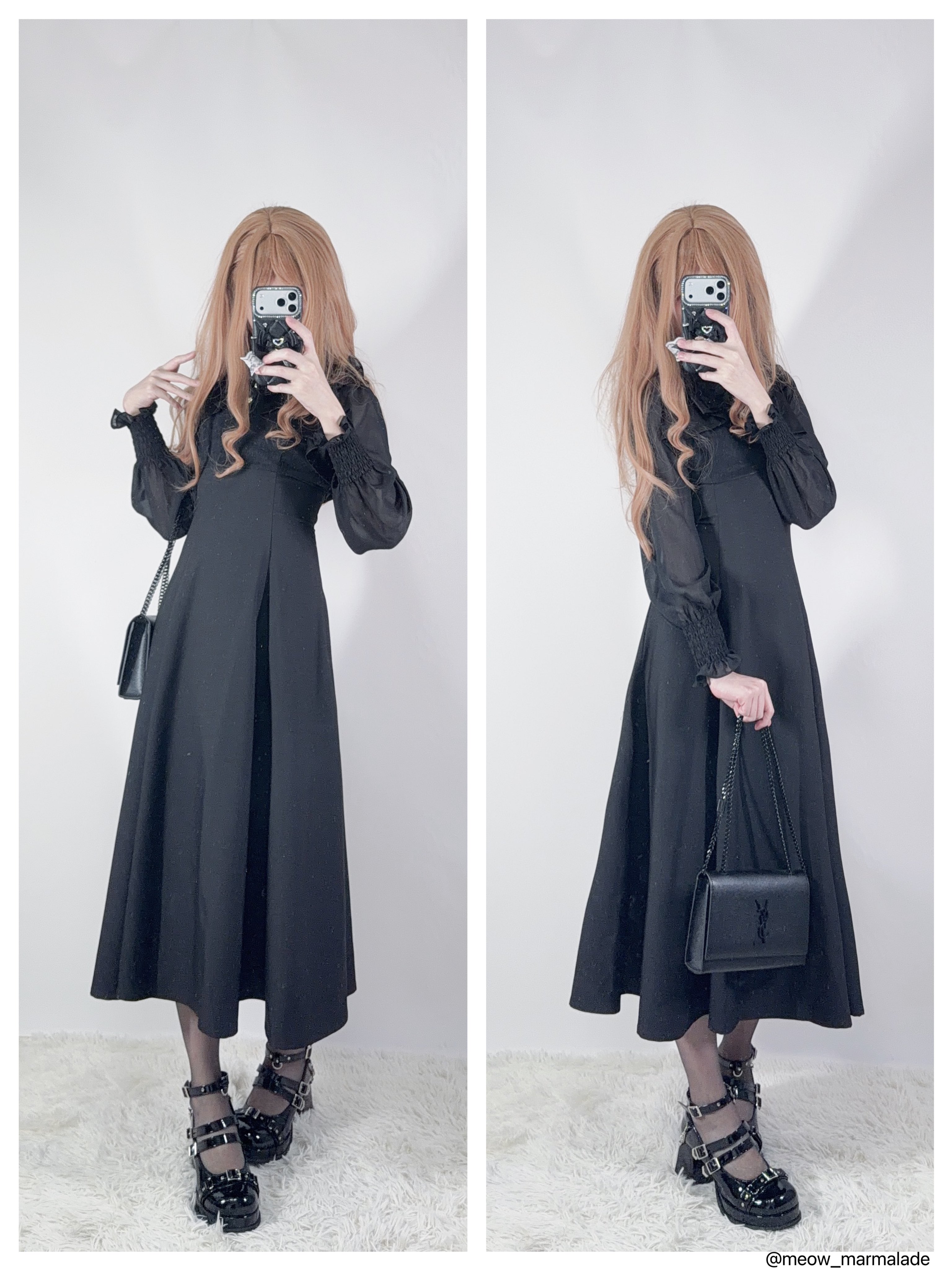 女人穿着黑色裙子拍自拍。