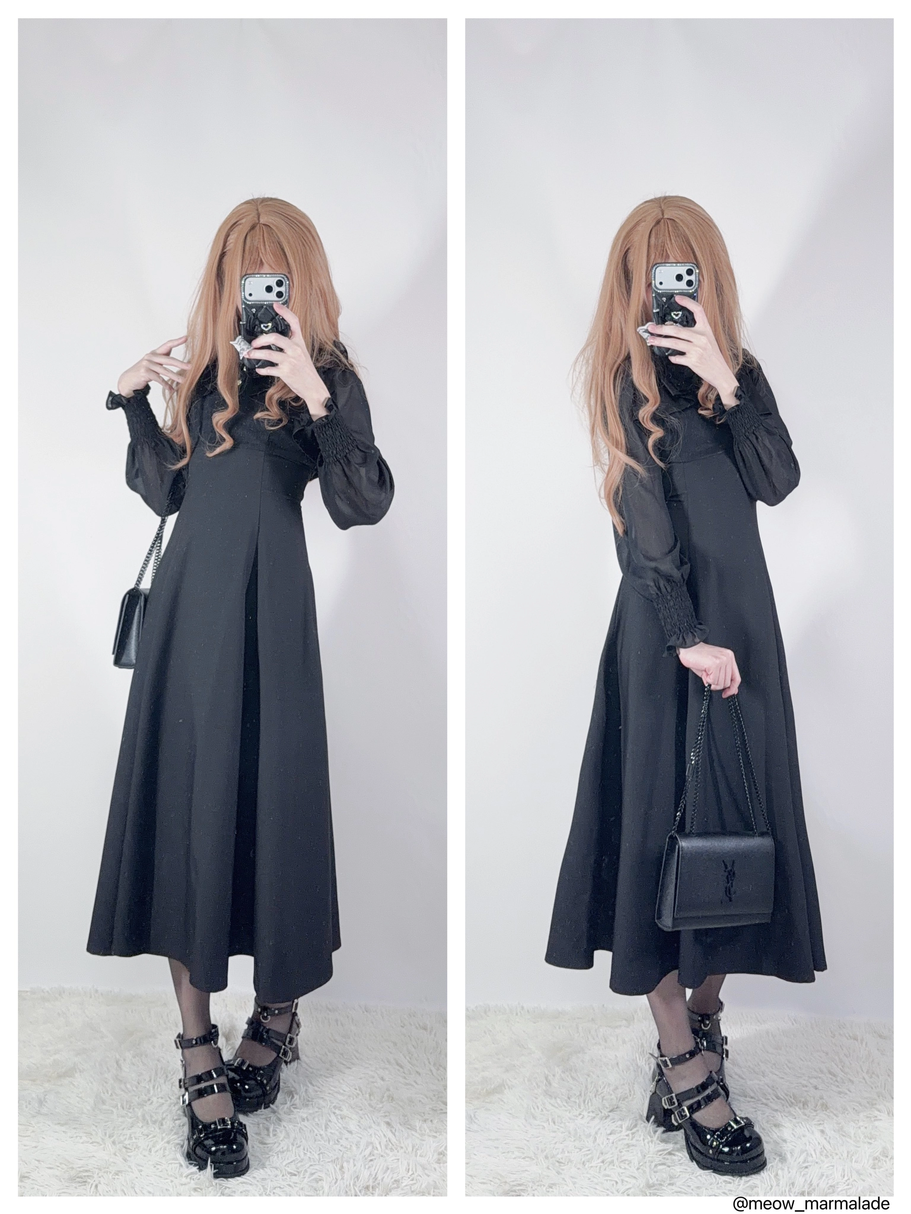 女人穿着黑色裙子拍自拍。