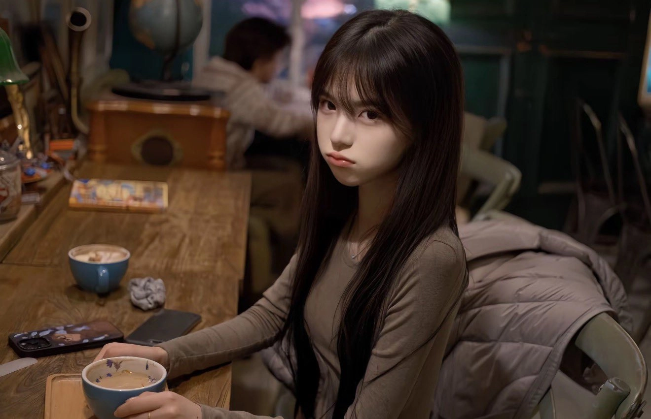 长头发和美丽的表情的女人坐在一张带一碗食物的桌子上。