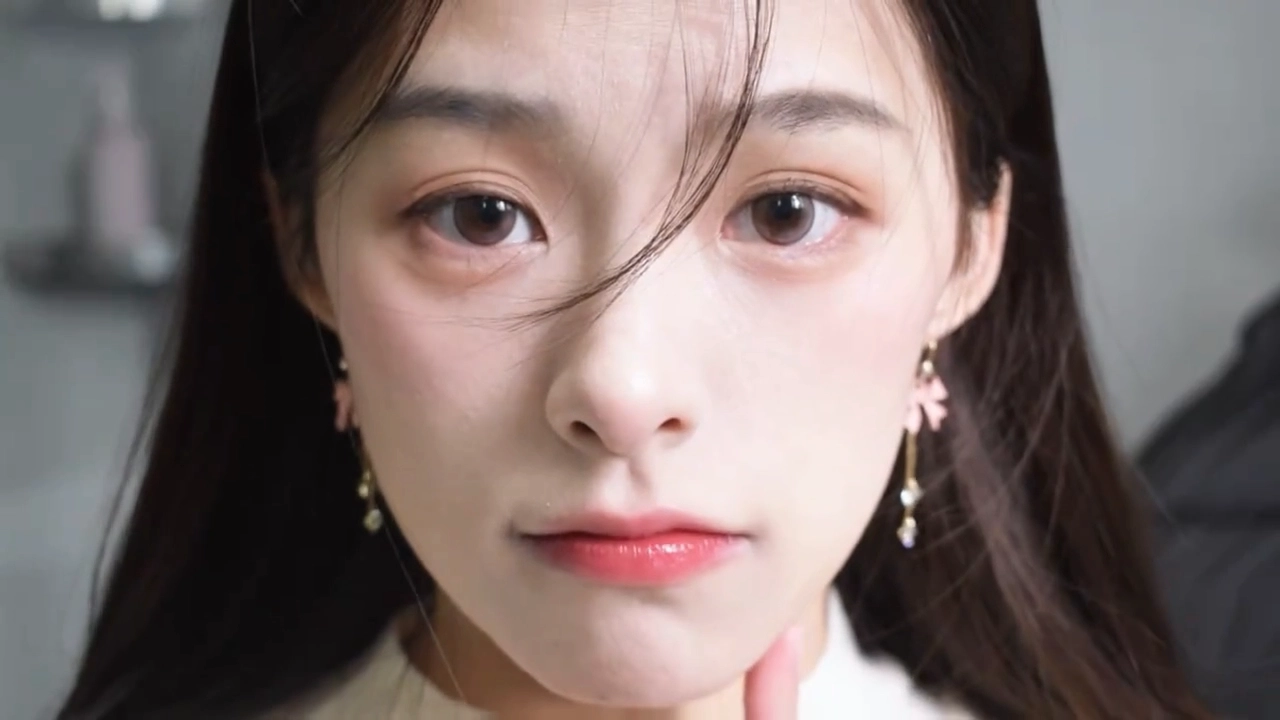 长头发和粉红色的唇膏的女人微笑。