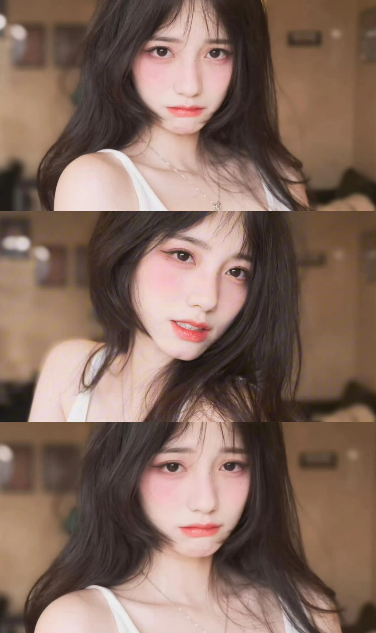 长长的头发和红色的唇膏。