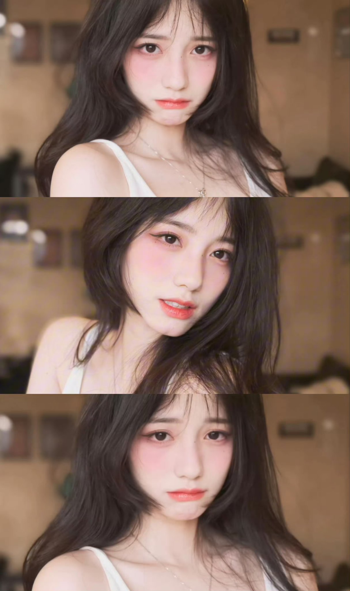 长长的头发和红色的唇膏。