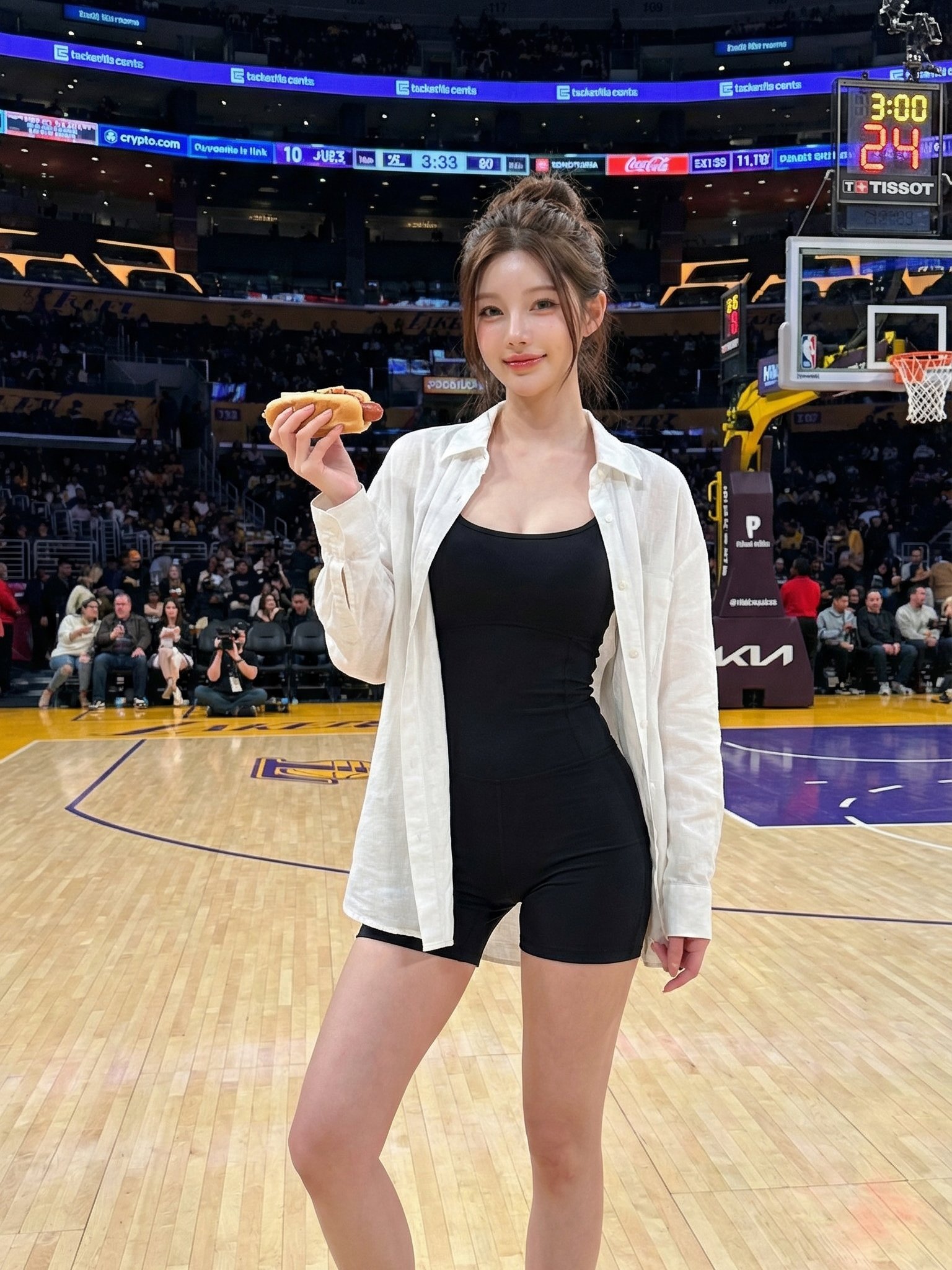 穿着黑色衣服的女人抱着一只热狗。