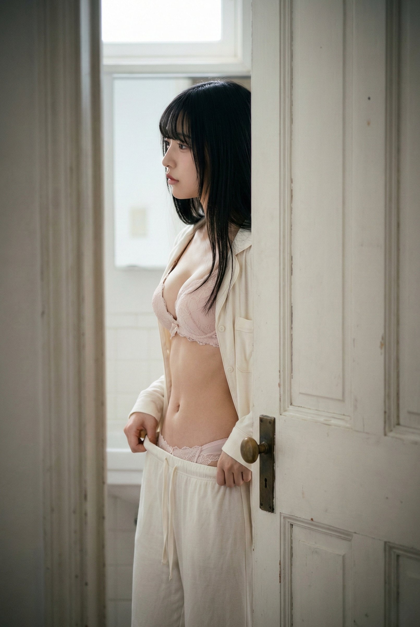 一位穿着白色裙子的女人微笑着打开她的裙子。