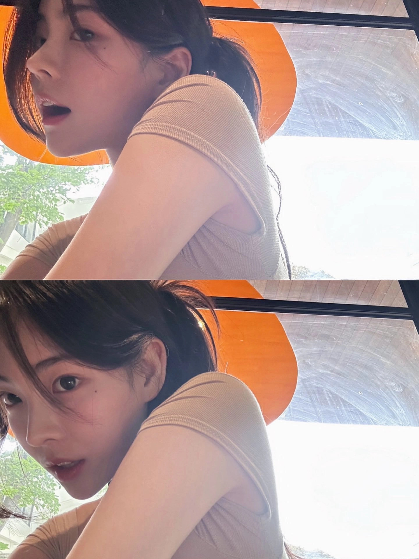 穿着棕色衬衫和一顶帽子的女人。