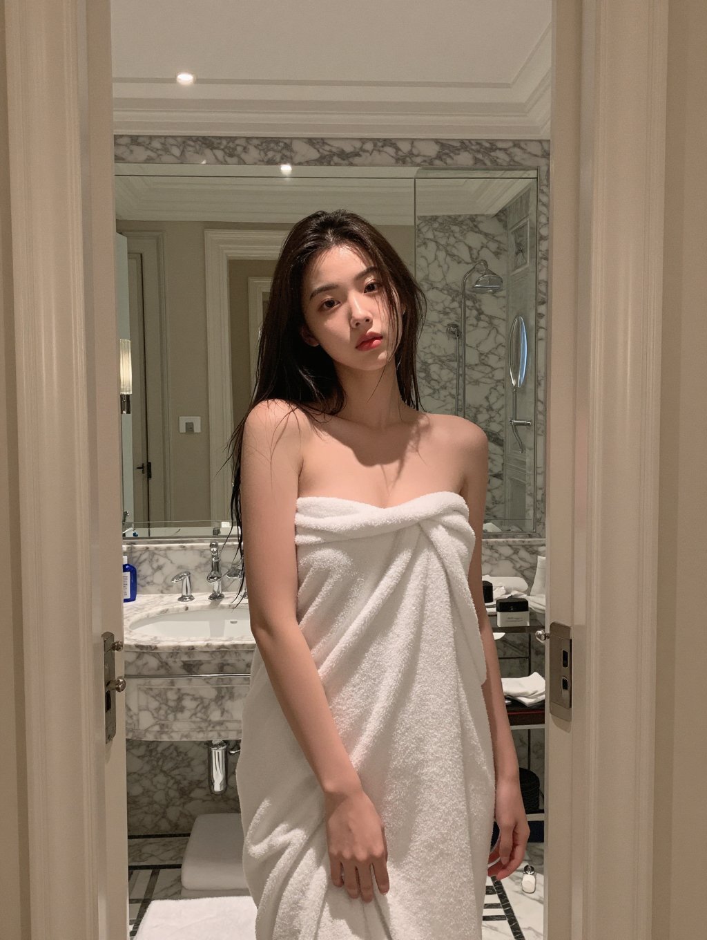 穿着白毛巾的女人为一张照片而立场。