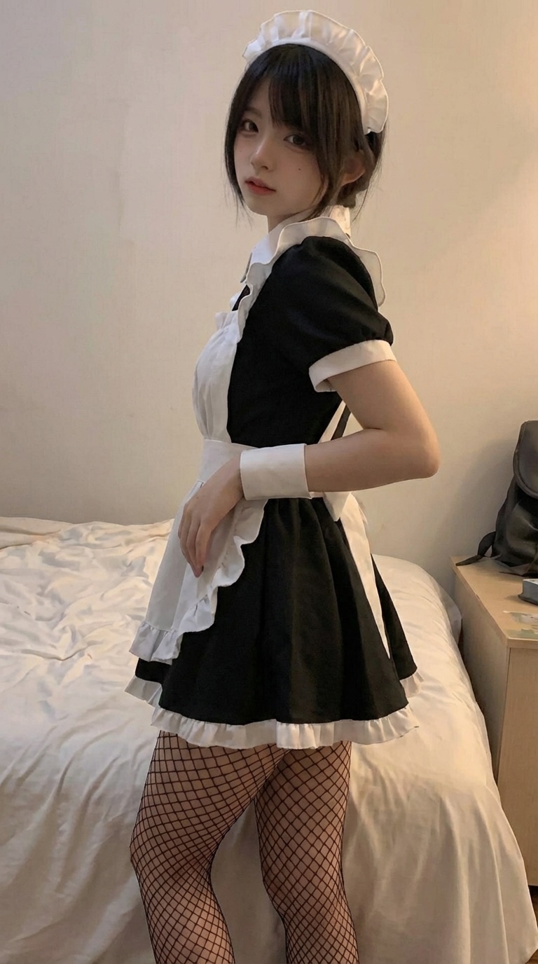 穿着女仆的服装的女人站在卧室里。