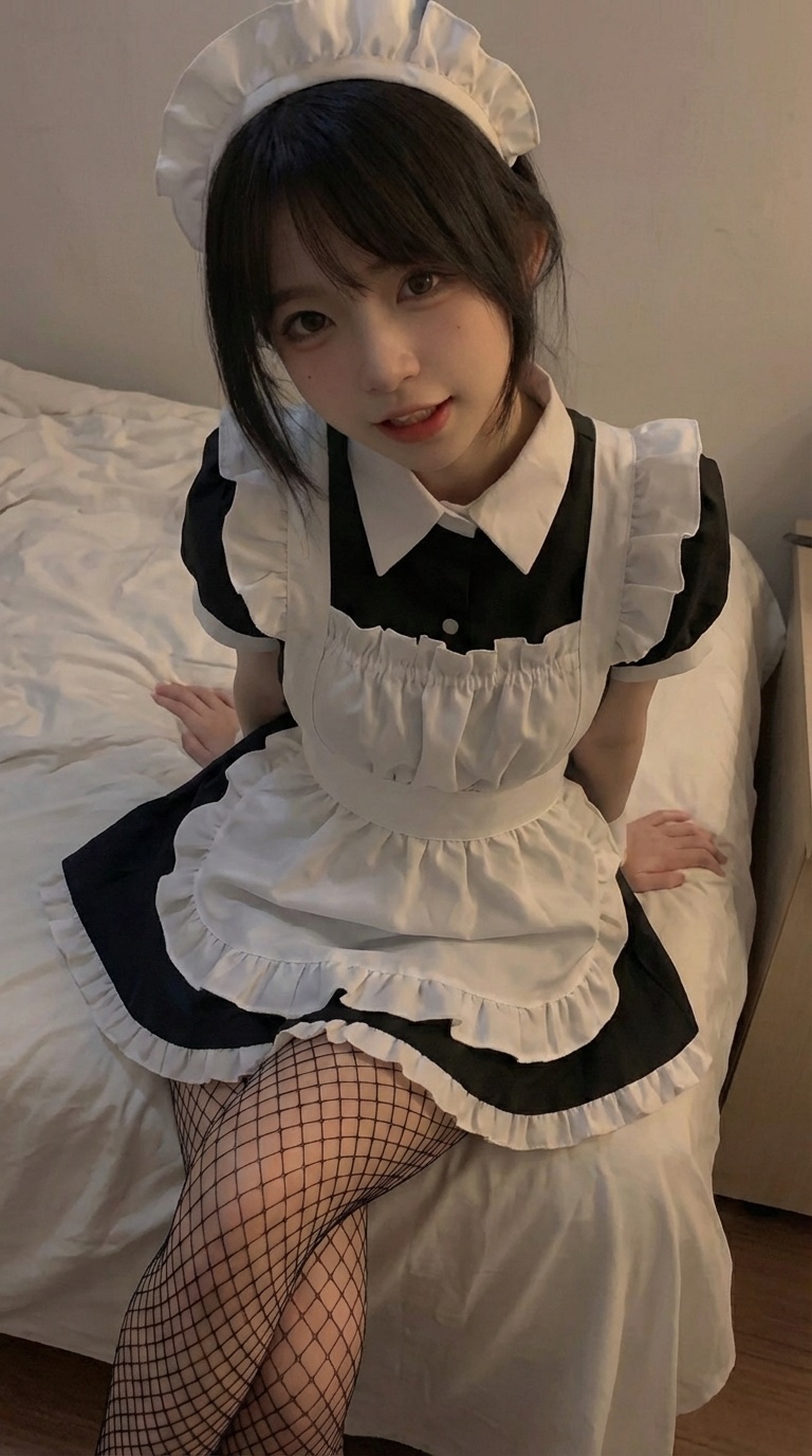 穿着女仆的服装的女人站在卧室里。