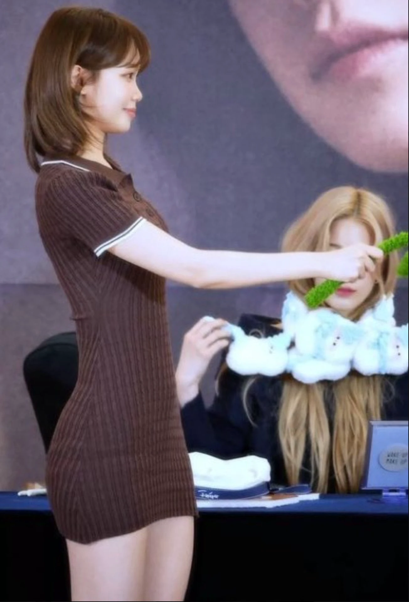 穿着棕色衣服的女人正在拥有一颗绿色的植物。