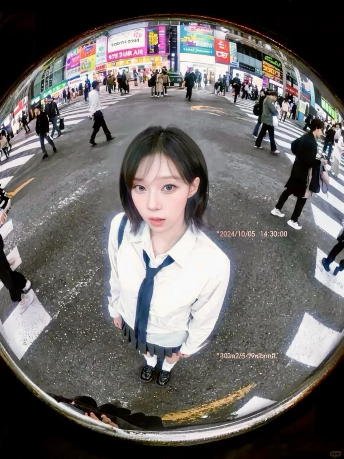 一位穿着领带的女人站在繁忙的城市街道上。