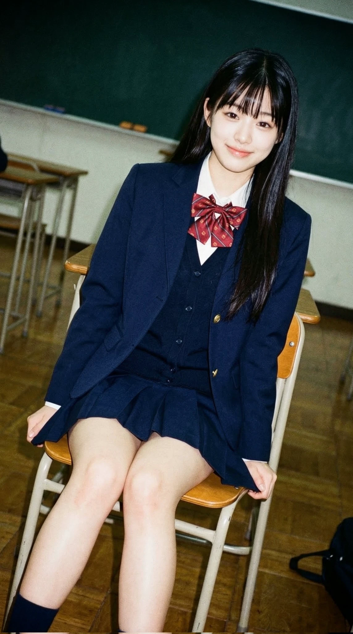 穿着蓝色夹克和红色弓的女孩。