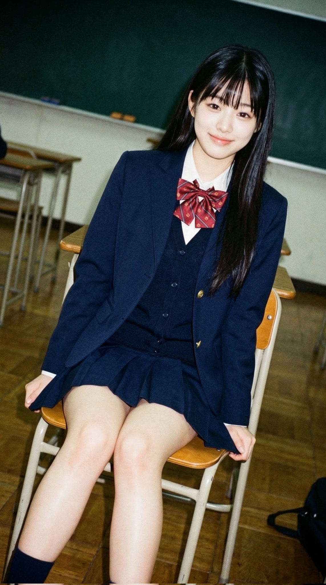 穿着蓝色夹克和红色弓的女孩。