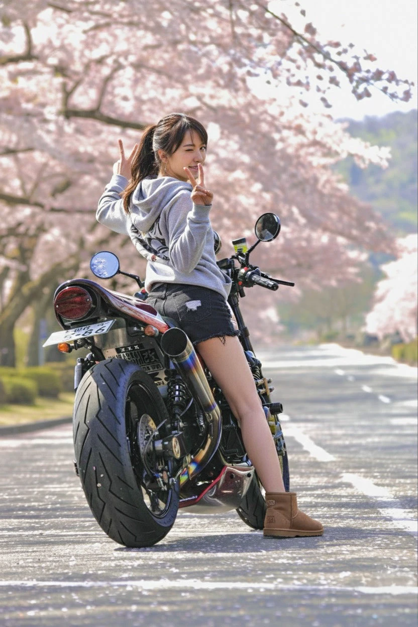 女人站在摩托车上带着和平的标志。