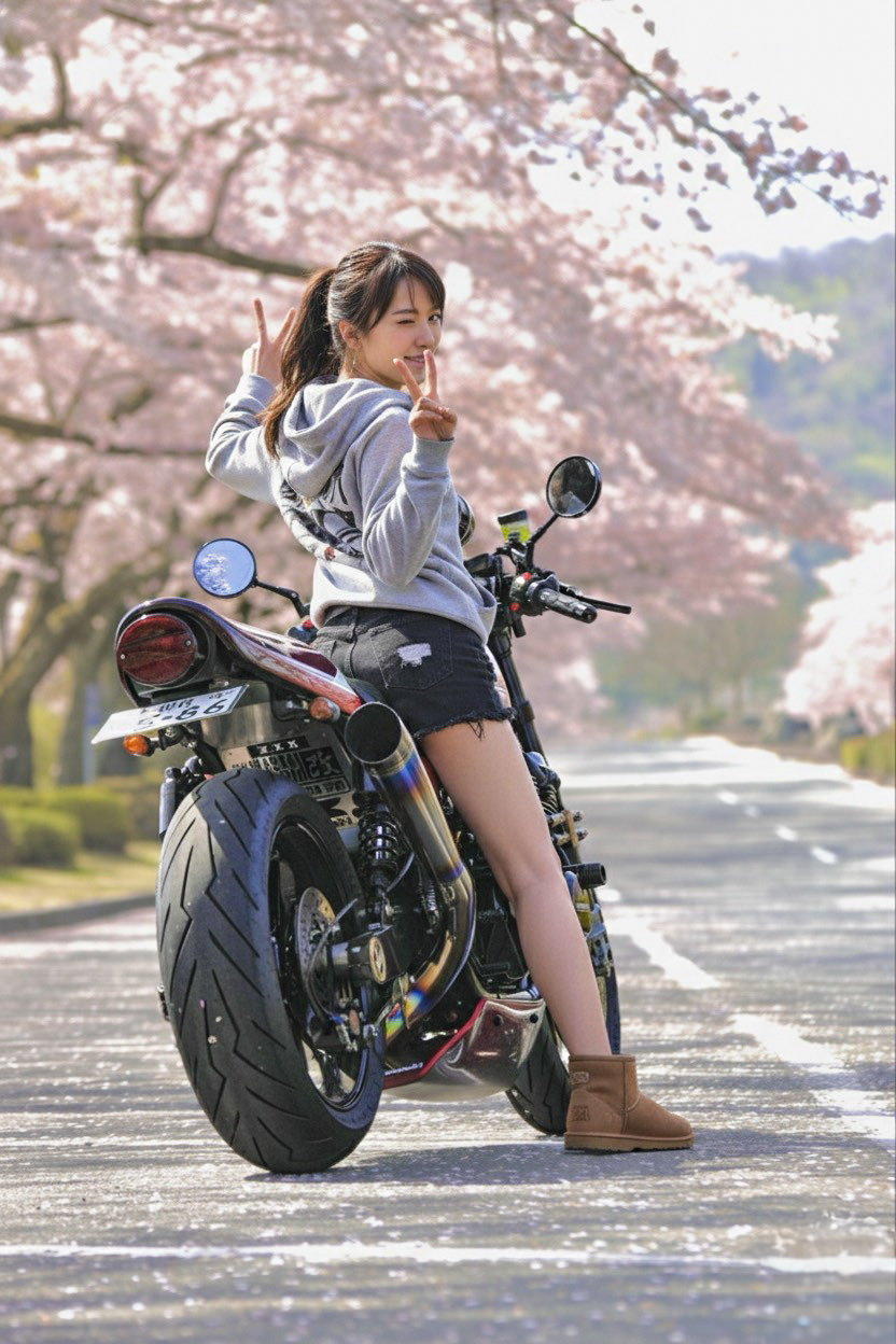 女人站在摩托车上带着和平的标志。