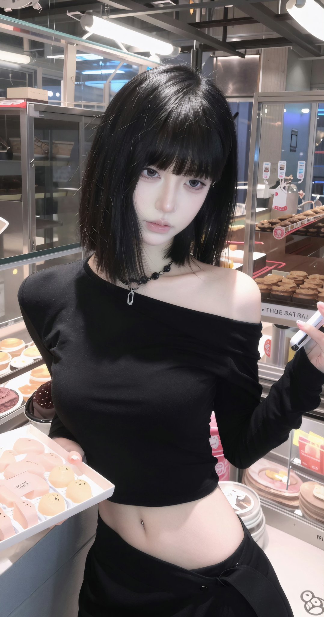 穿着黑色衬衫的女人拿着一块蛋糕。