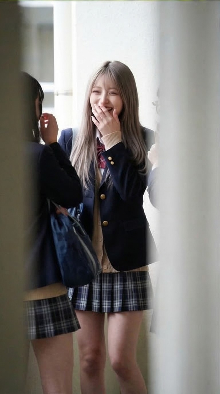 一位穿着蓝色夹克和的裙子的女人走在走廊上。