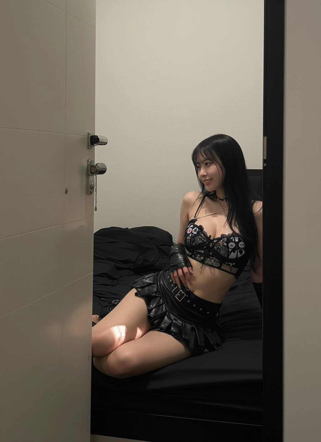 穿着黑白衣服的女人坐在床上。