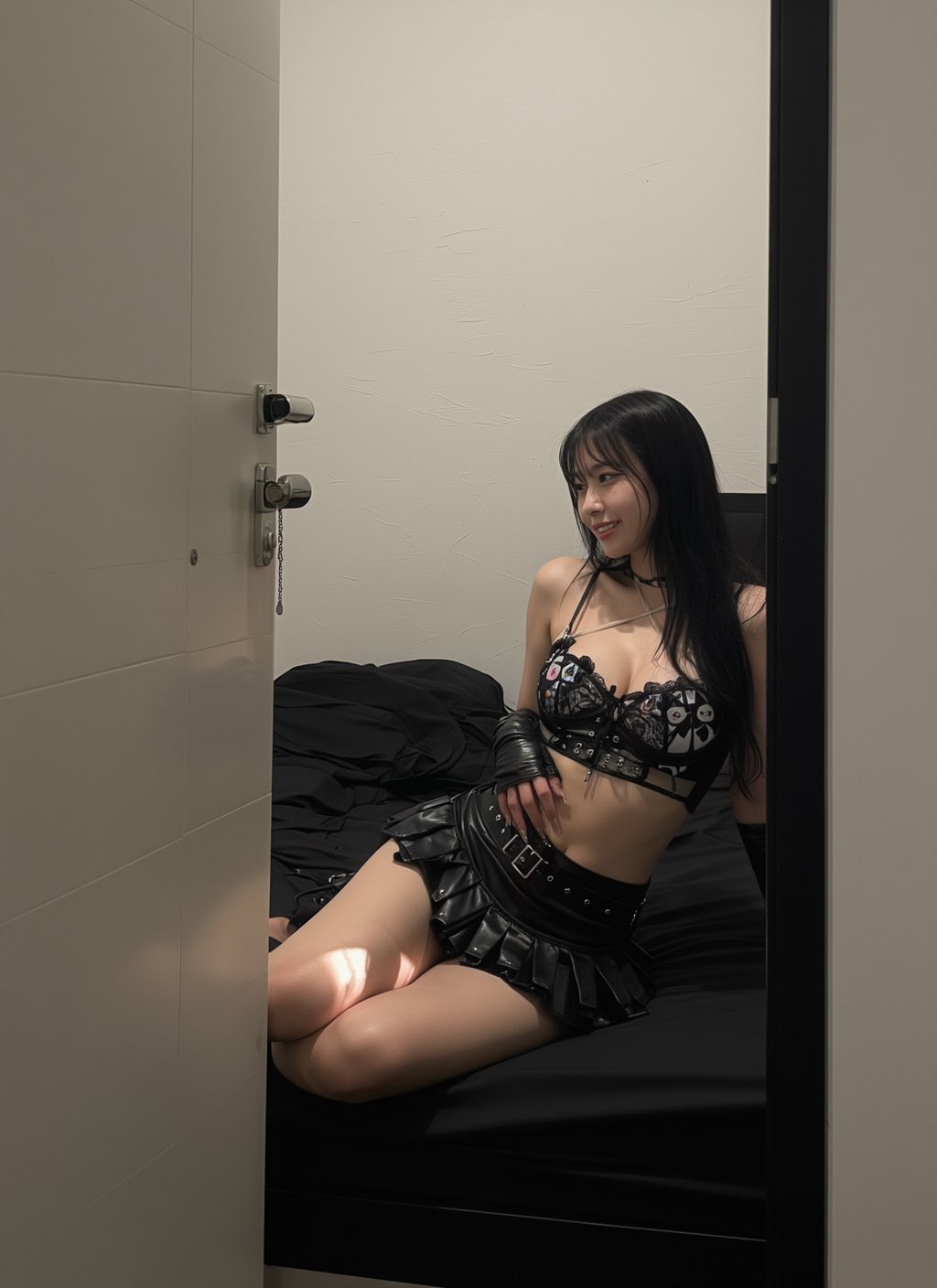 穿着黑白衣服的女人坐在床上。
