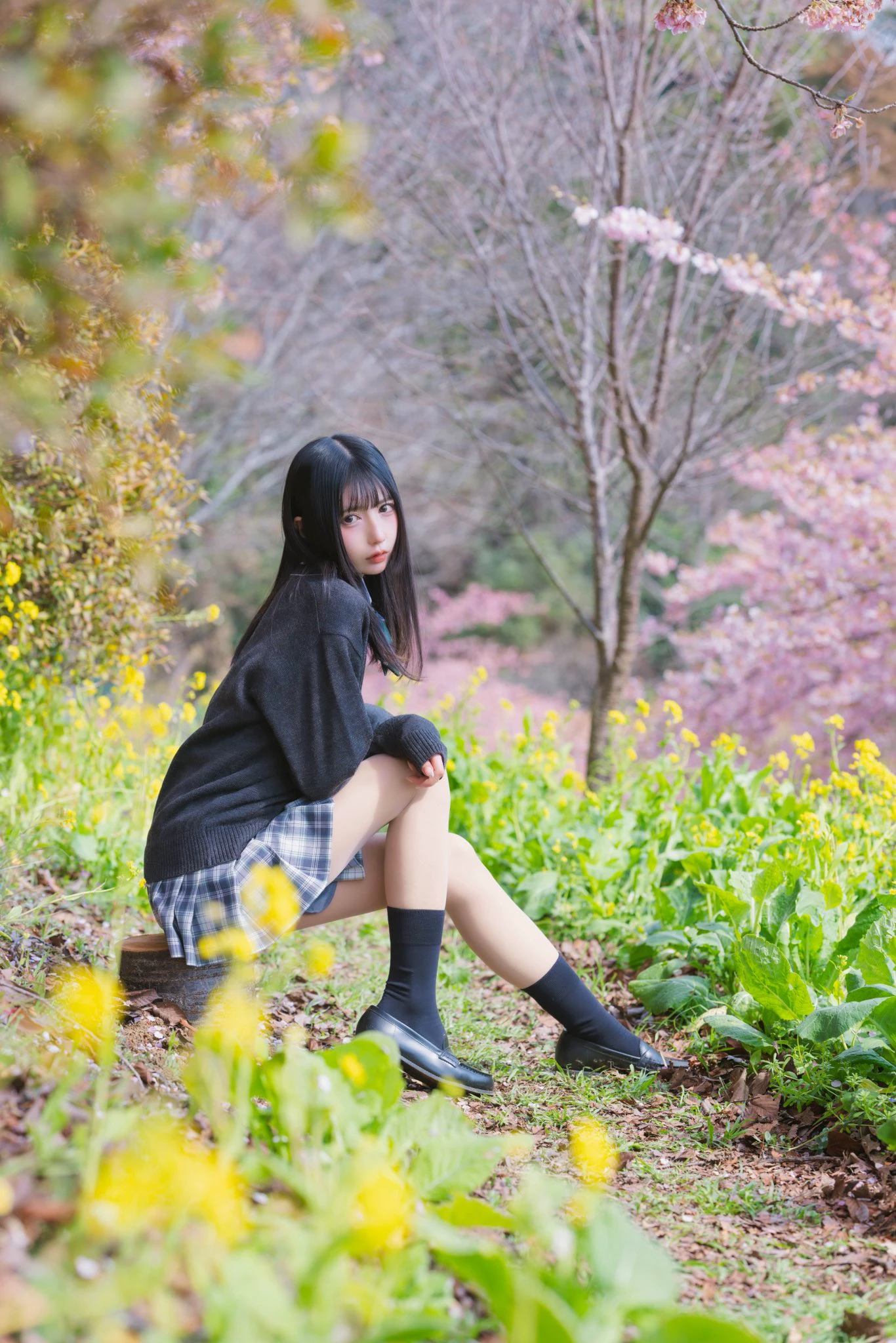 穿着黑色衬衫的女人坐在地上,在一片鲜花的田野里。