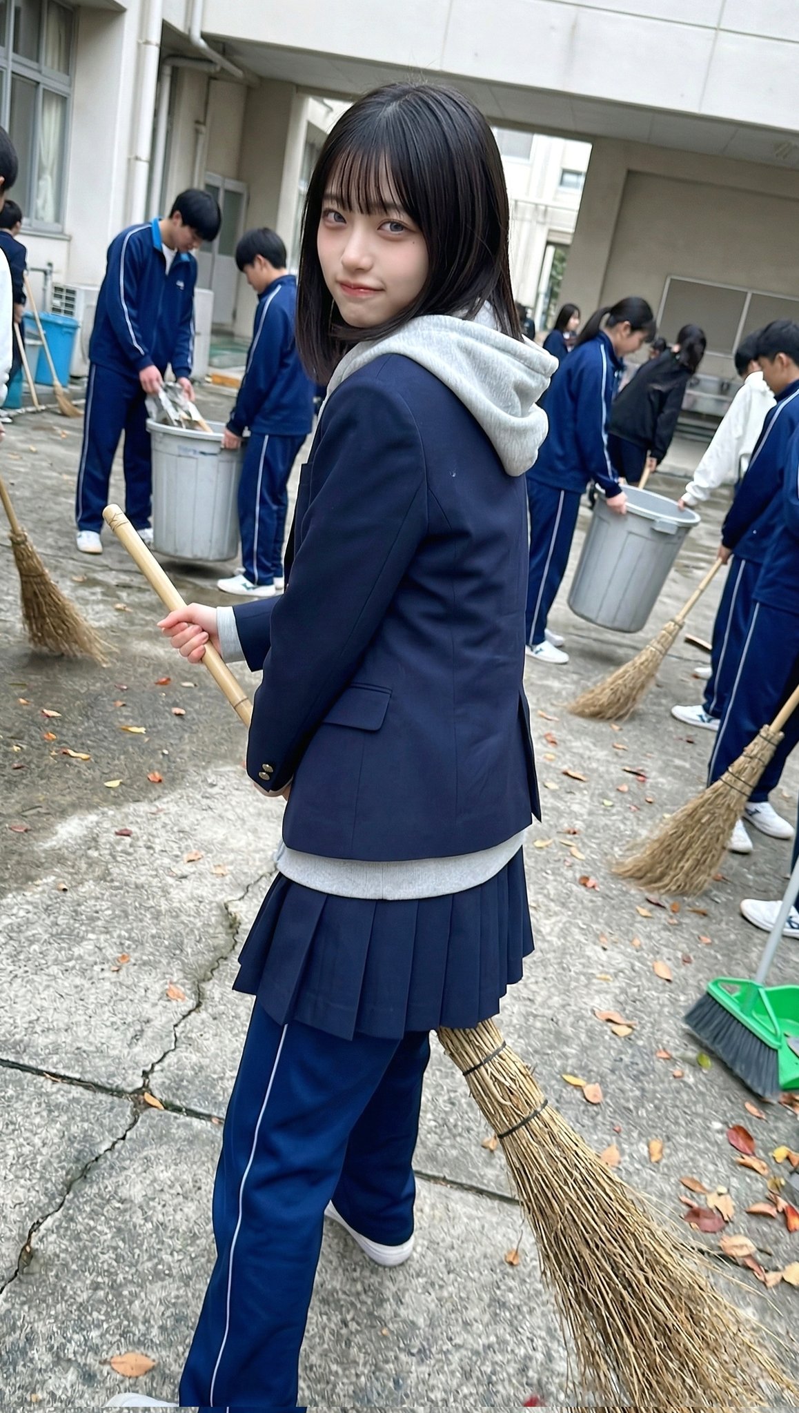 穿着蓝色夹克和蓝色裙子的女人握着一根子。