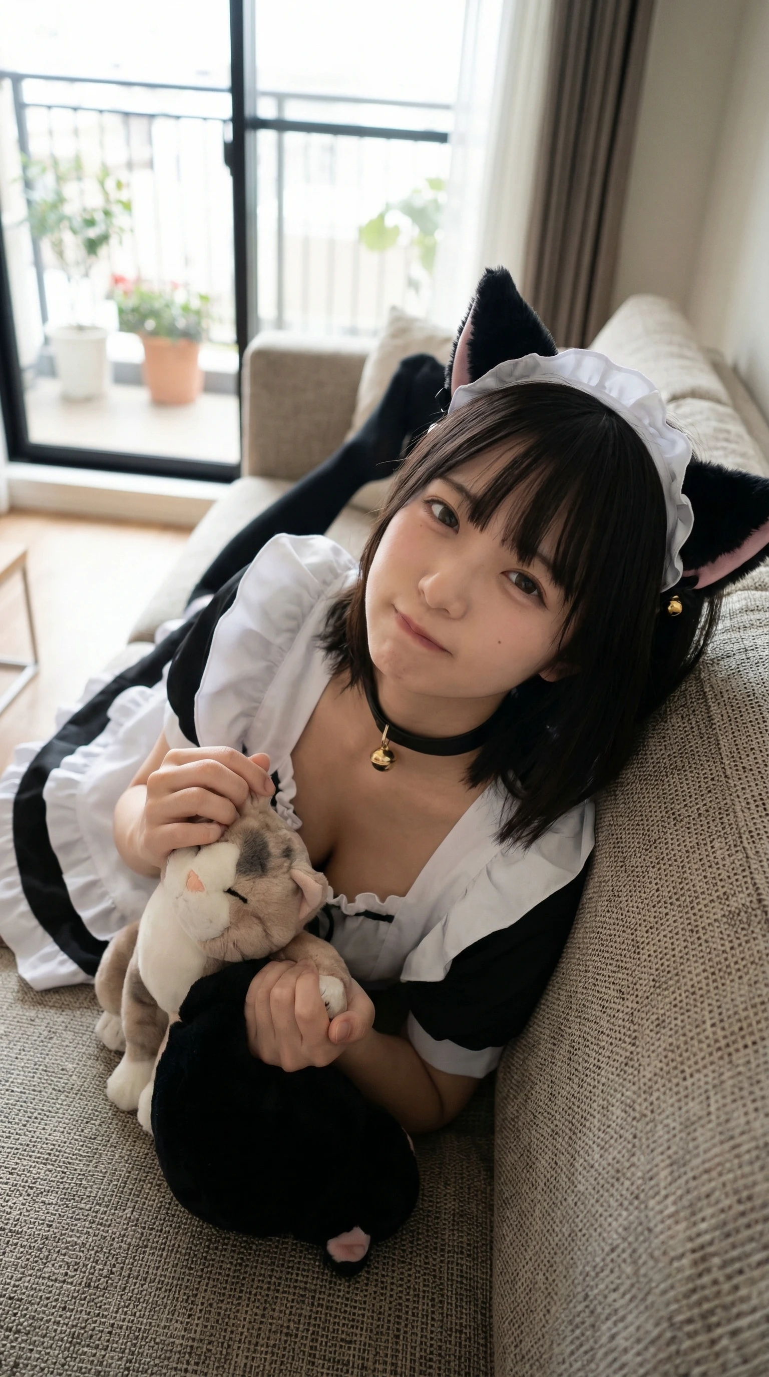 一位穿着女仆的服装和猫的项链的女人抱着一只被填满的动物。