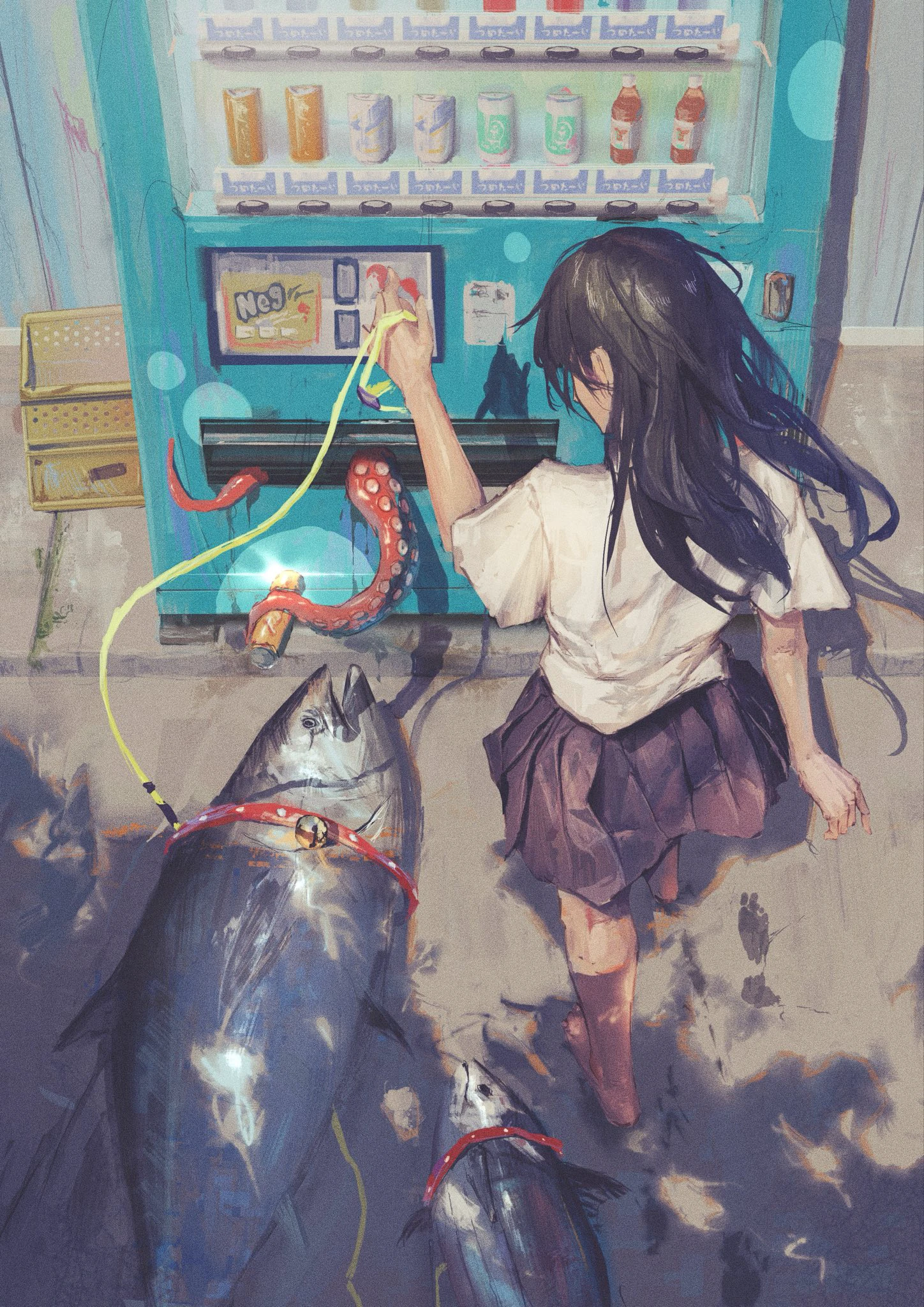 美女用鱼竿从自动售货机里钓出罐饮料