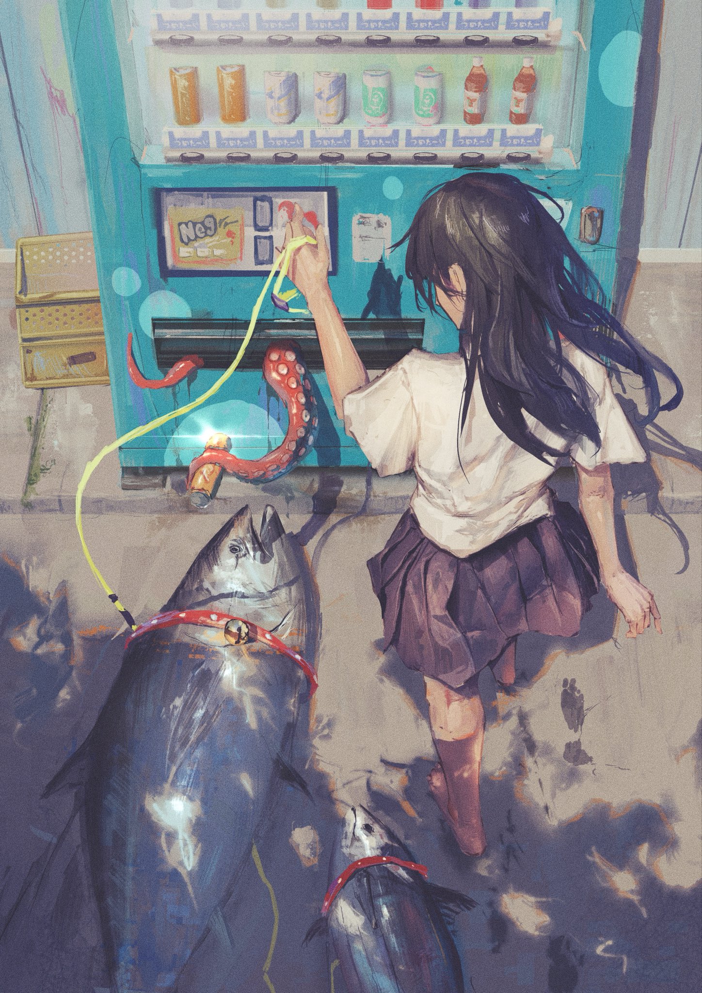 美女用鱼竿从自动售货机里钓出罐饮料