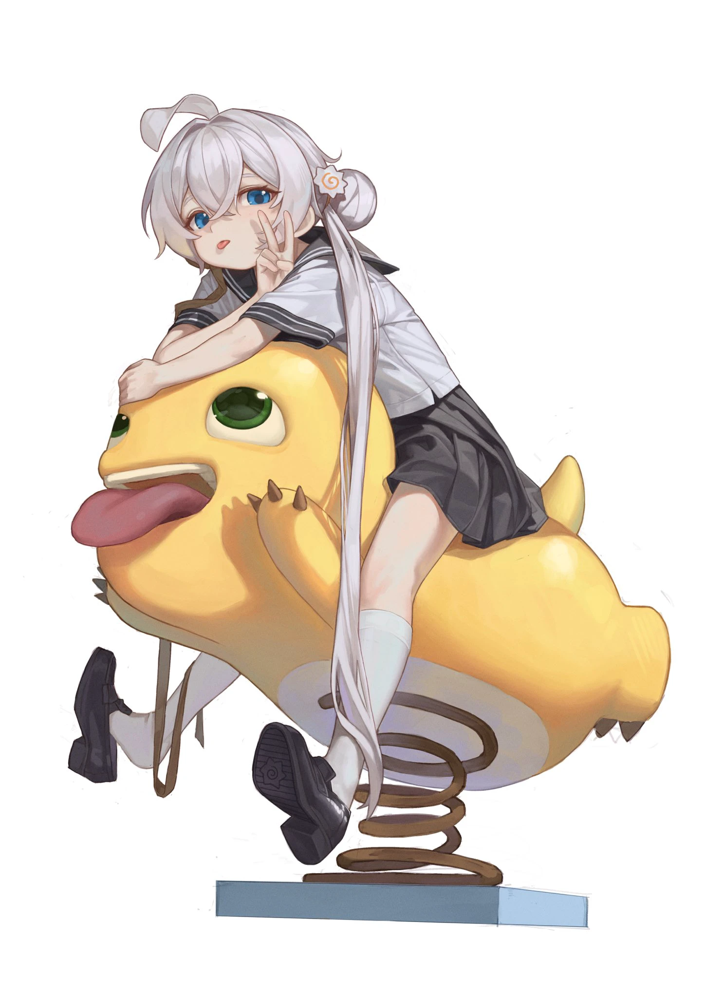 少女骑着弹簧小黄鸭快乐蹦跳