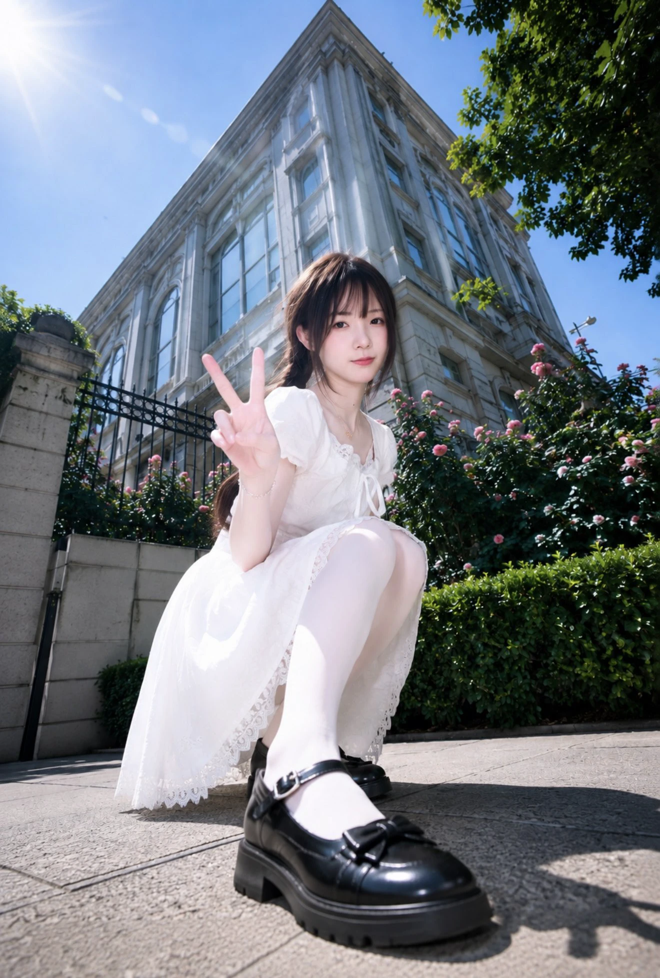 美少女蹲着比耶也太可爱了