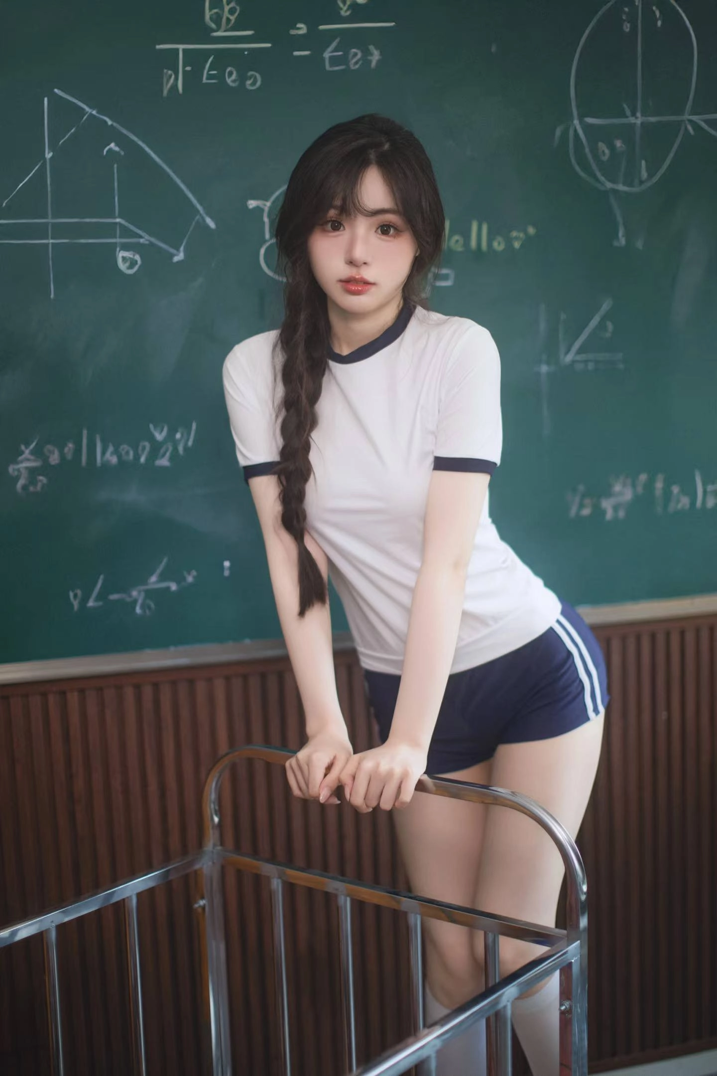 穿着白色衬衫和蓝色短裤的女孩指向相机。