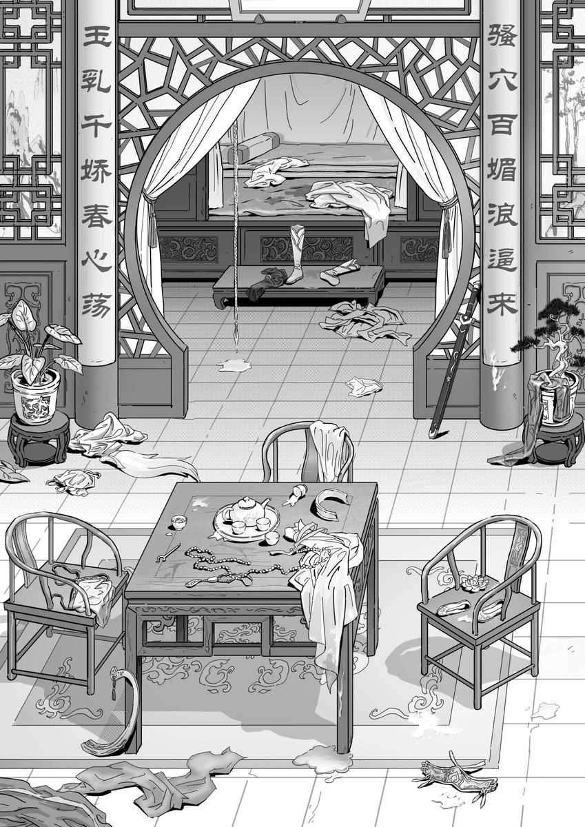 混乱的房间,有桌子和椅子。