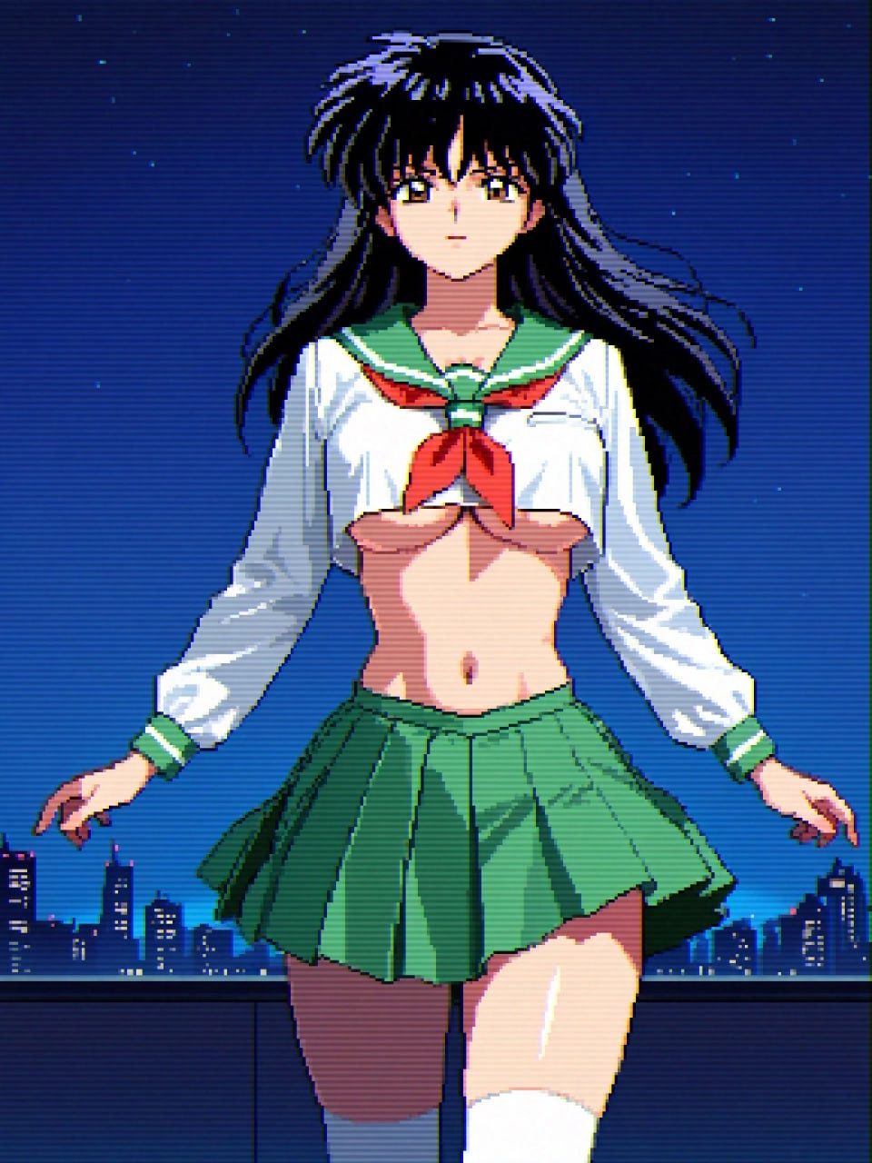 一位穿着绿色裙子和白色衬衫的女人站在城市天空前。