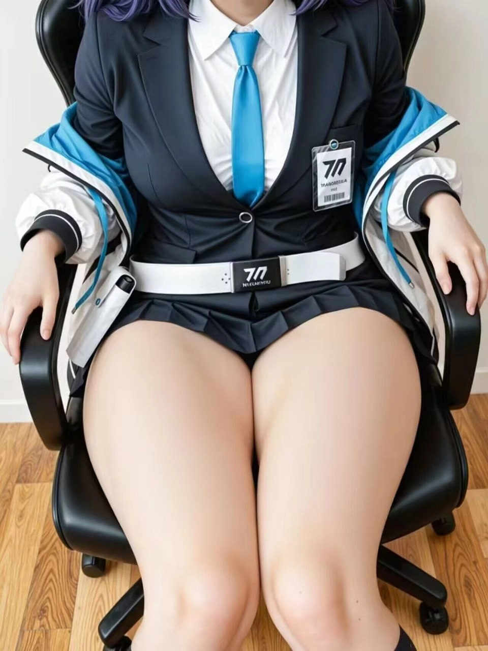 穿着裙子和领带的女人坐在椅子上。