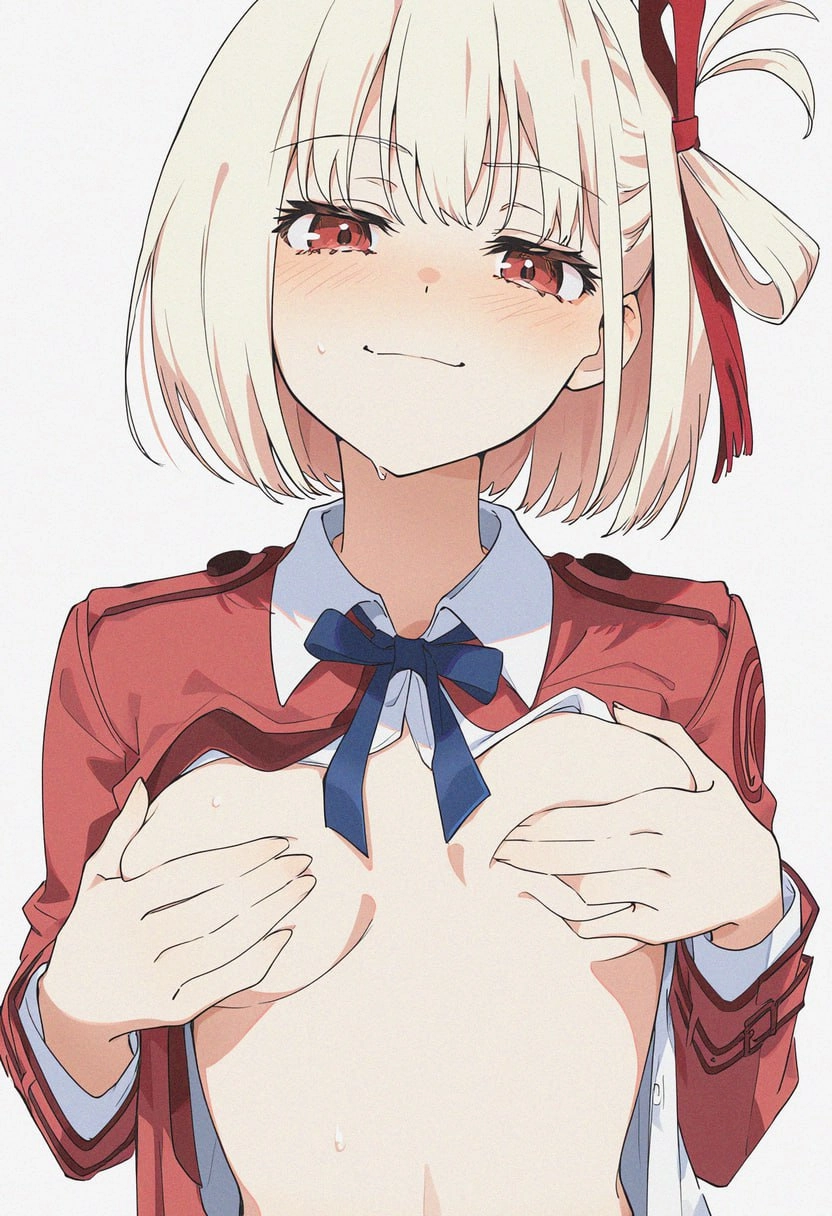 穿着红色夹克和白色衬衫的女人正在展示她的乳房。