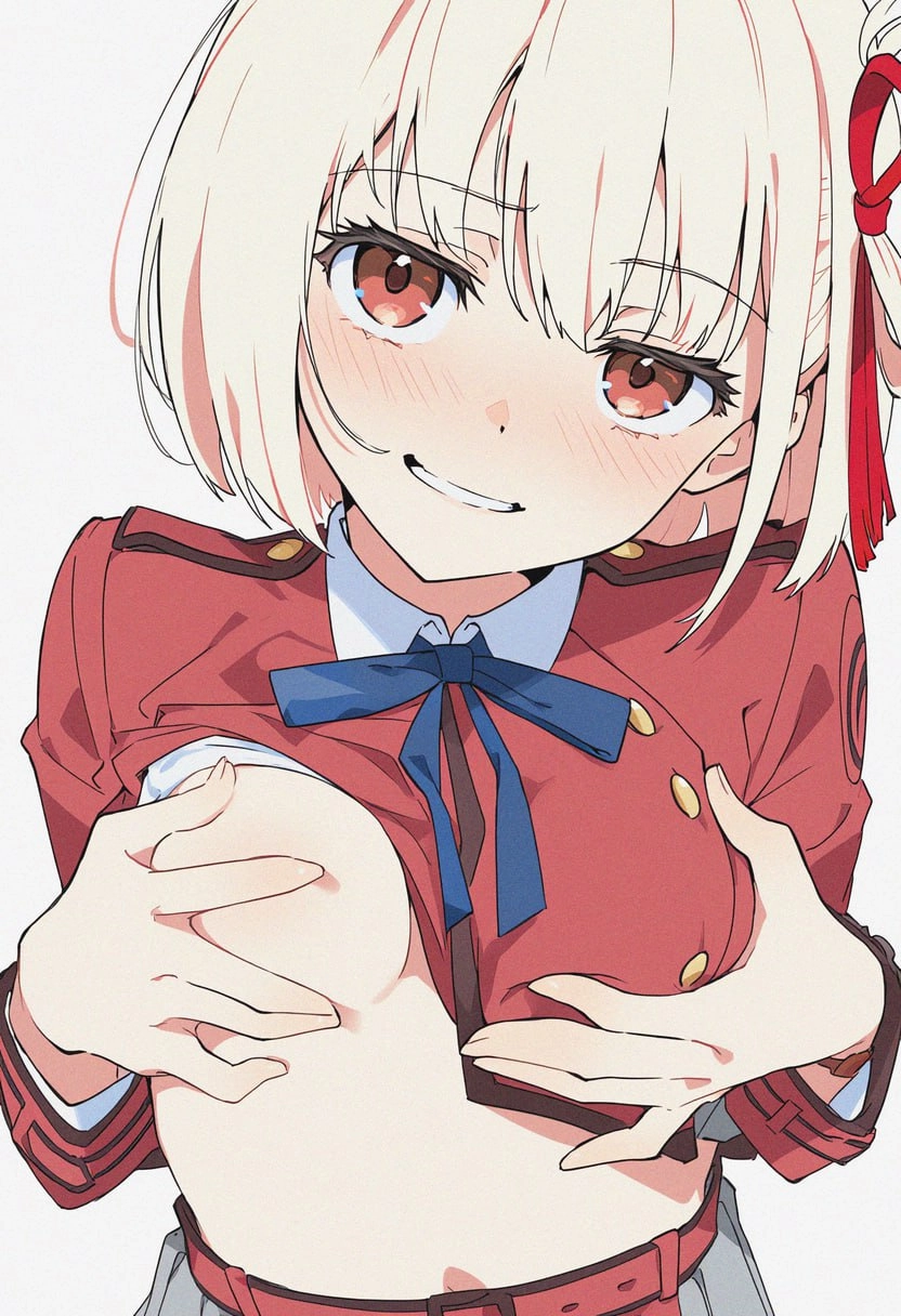 穿着红色夹克和白色衬衫的女人正在展示她的乳房。