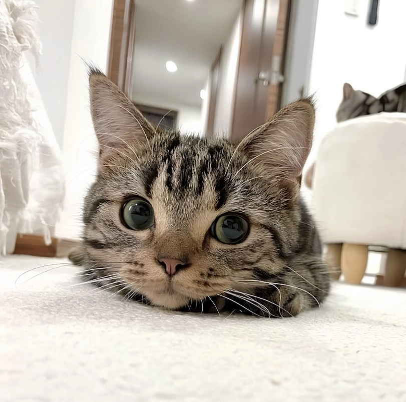 一只猫躺在地板上。