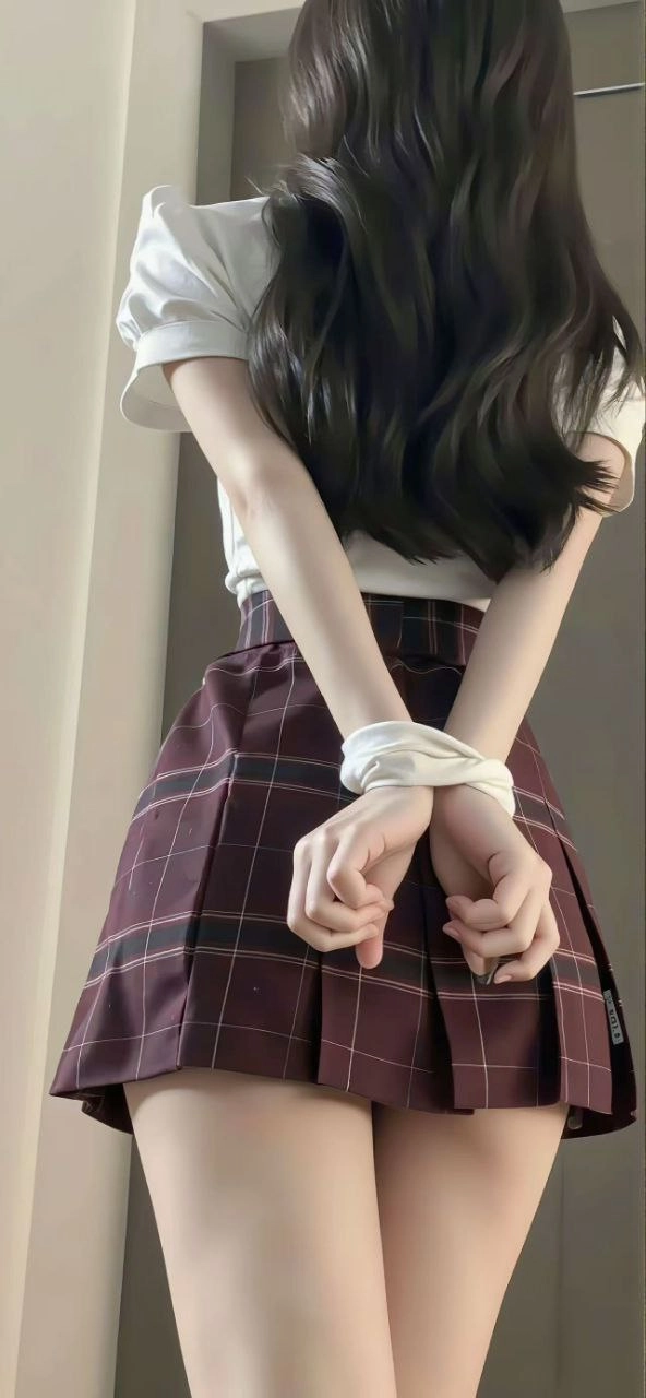 一位穿着一件白色衬衫和一件白色裙子的女人被一根白色绳子捆绑在一起。