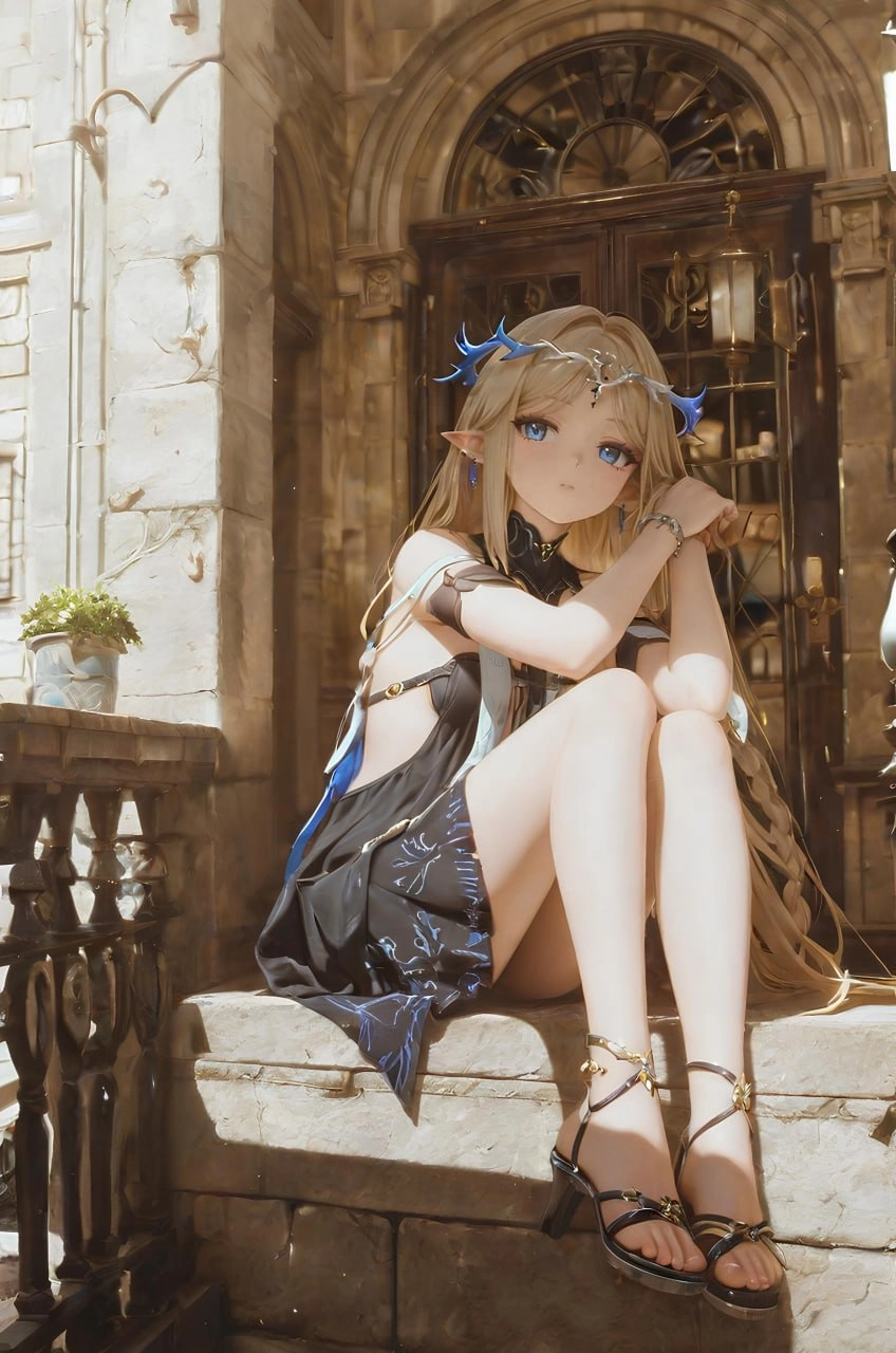 穿着蓝色衣服的女人坐在石头墙上。