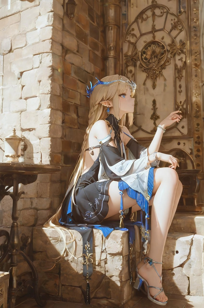 穿着蓝色衣服的女人坐在石头墙上。