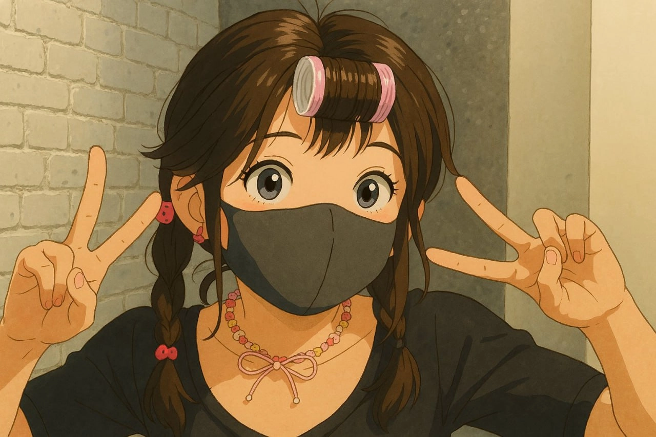 女孩戴着面具,拿着和平的标志。