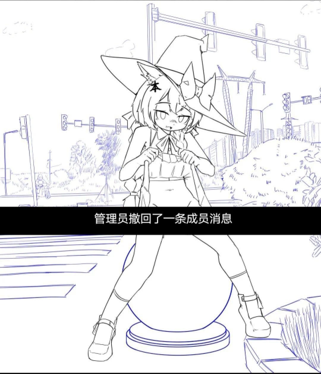 一位戴着女巫帽子的女人站在交通灯旁边。