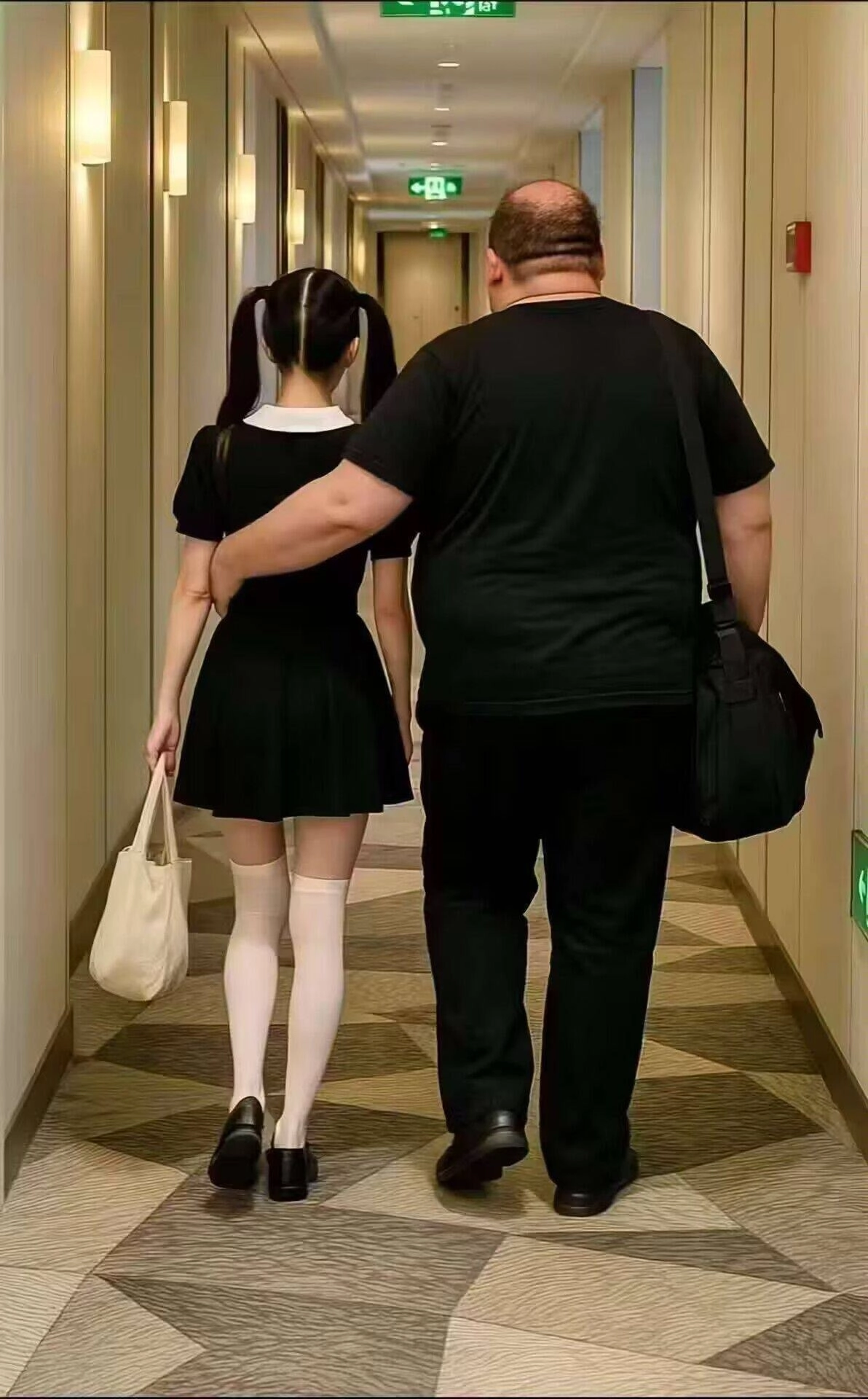 男人和一个女人走在走廊上。