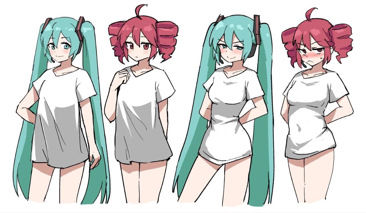 女人穿着白色衬衫和蓝色头发的卡通。