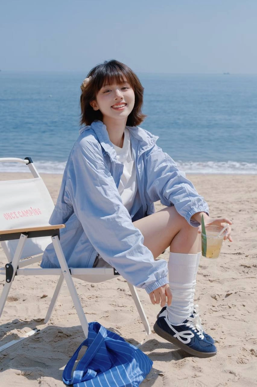 女人穿着蓝色夹克和丝带衬衫倾斜在一个柜台上。