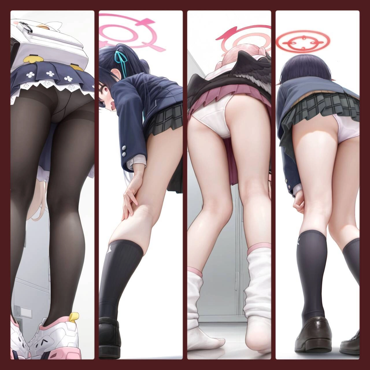 一系列的卡通图像的女孩穿着学校制服。