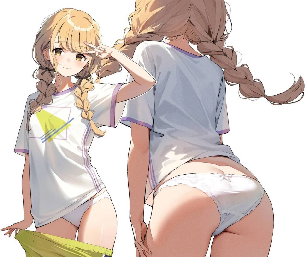 女孩穿着一件白色衬衫,上面有三角形。