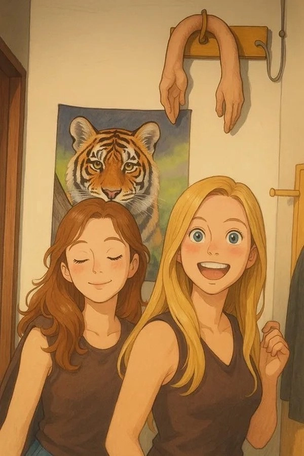 两个金发和棕发的女孩站在彼此旁边。