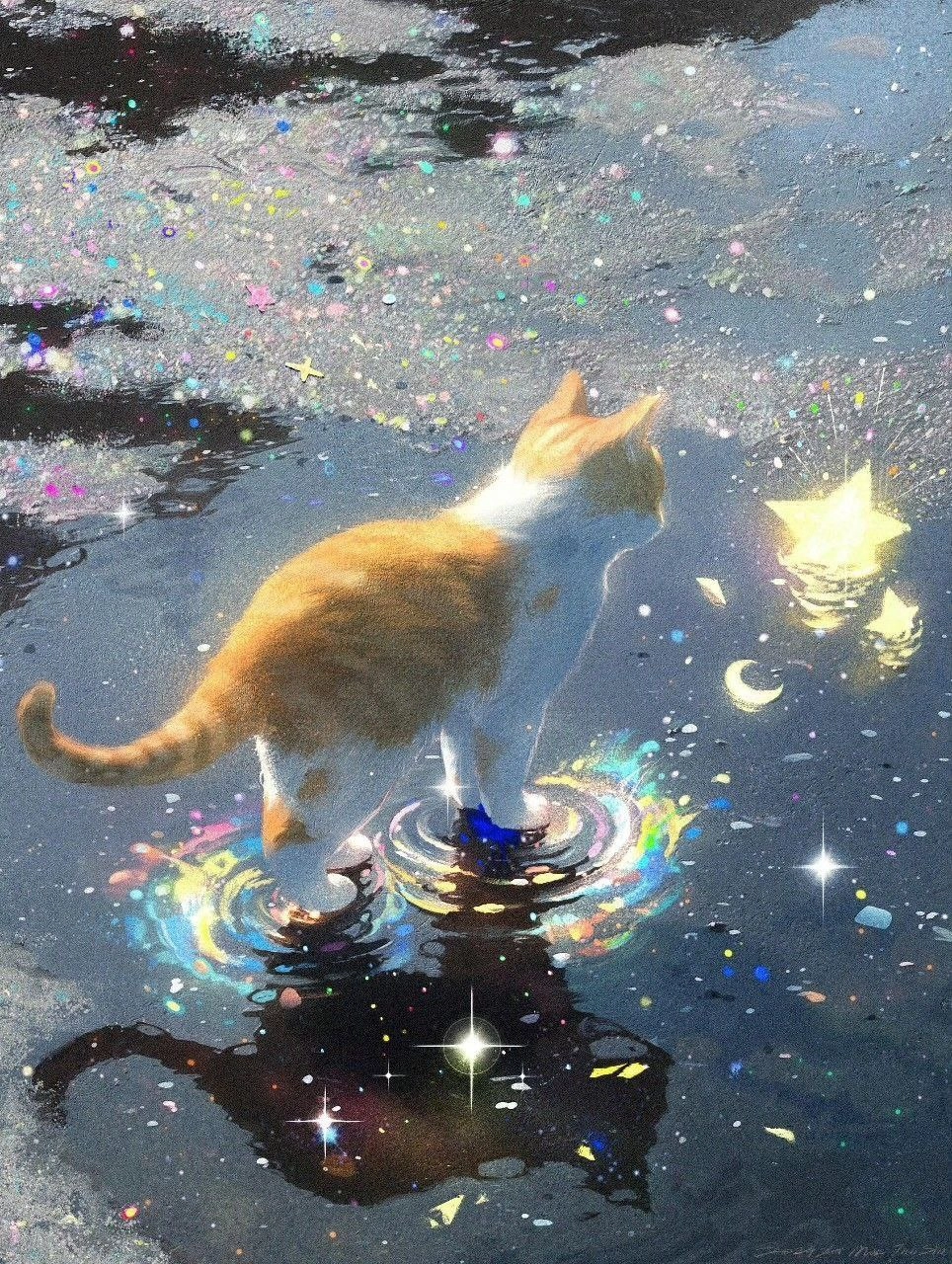 一只猫站在水池里,看着一颗星星。